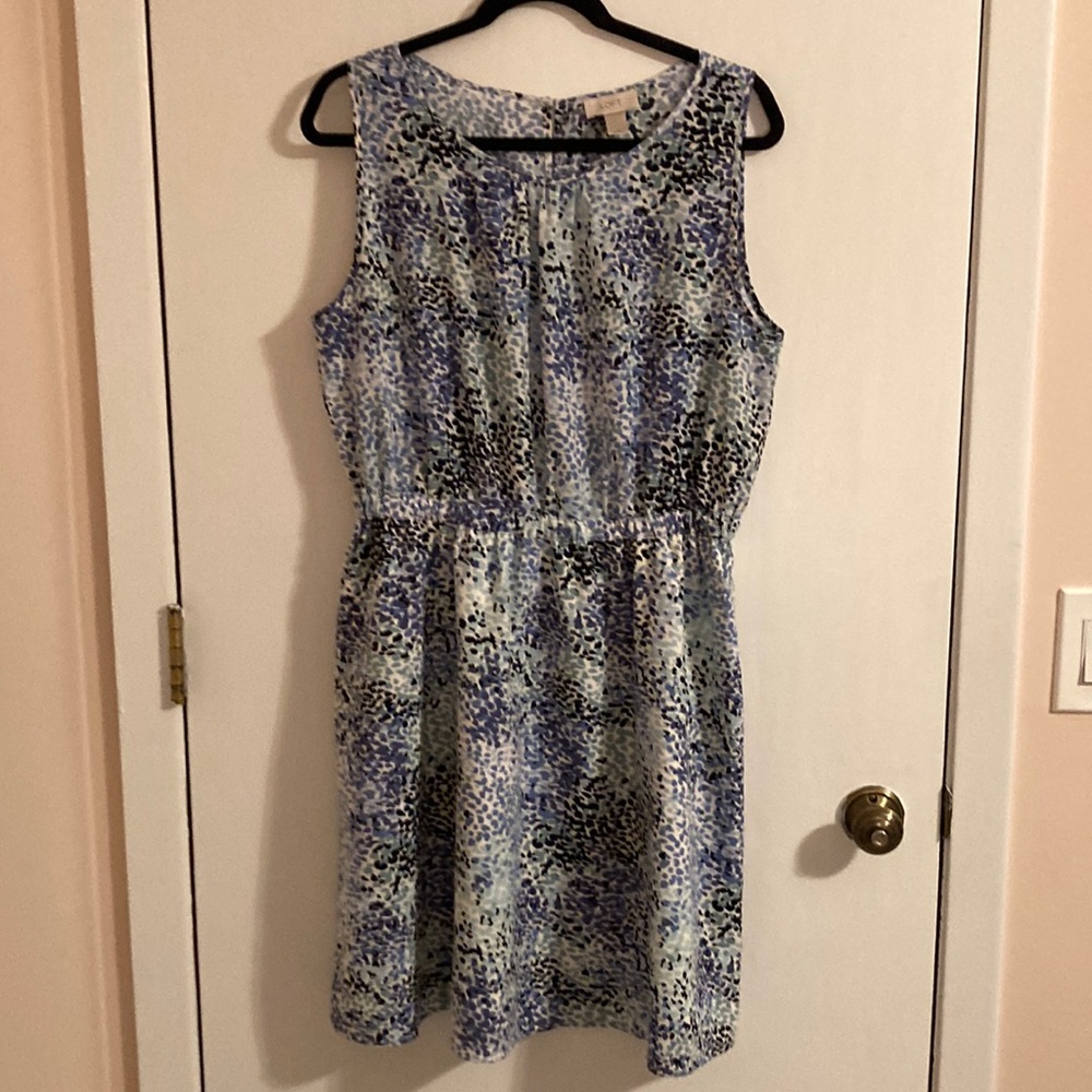 LOFT watercolor print sleeveless dress. Size large. Blues and aqua.
